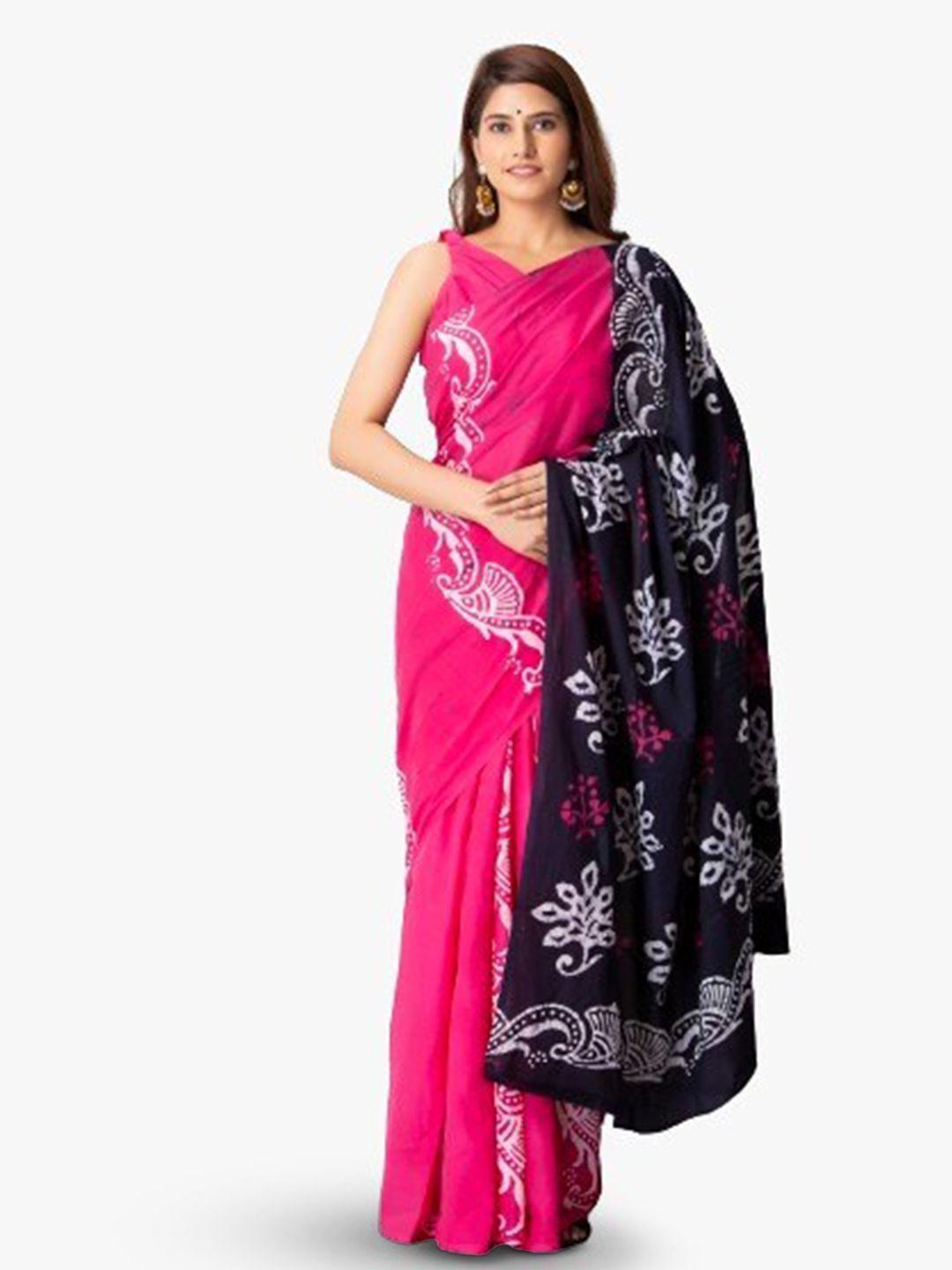 kiaaron pink & black ethnic motifs pure cotton block print saree