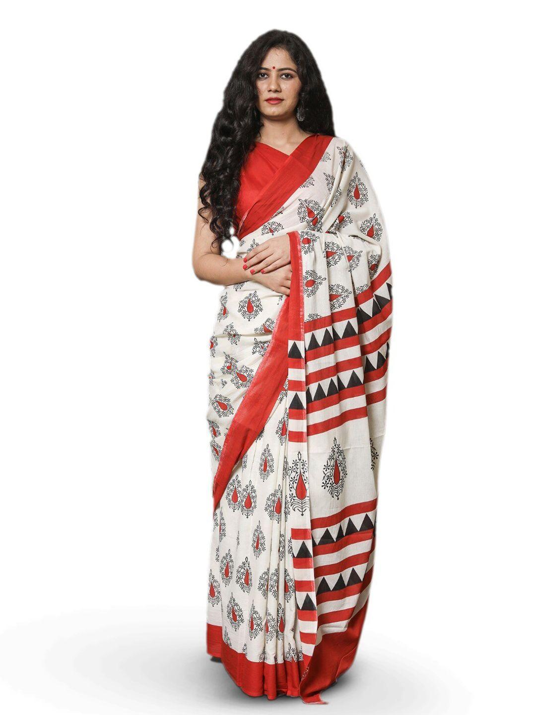 kiaaron white & red ethnic motifs pure cotton block print saree