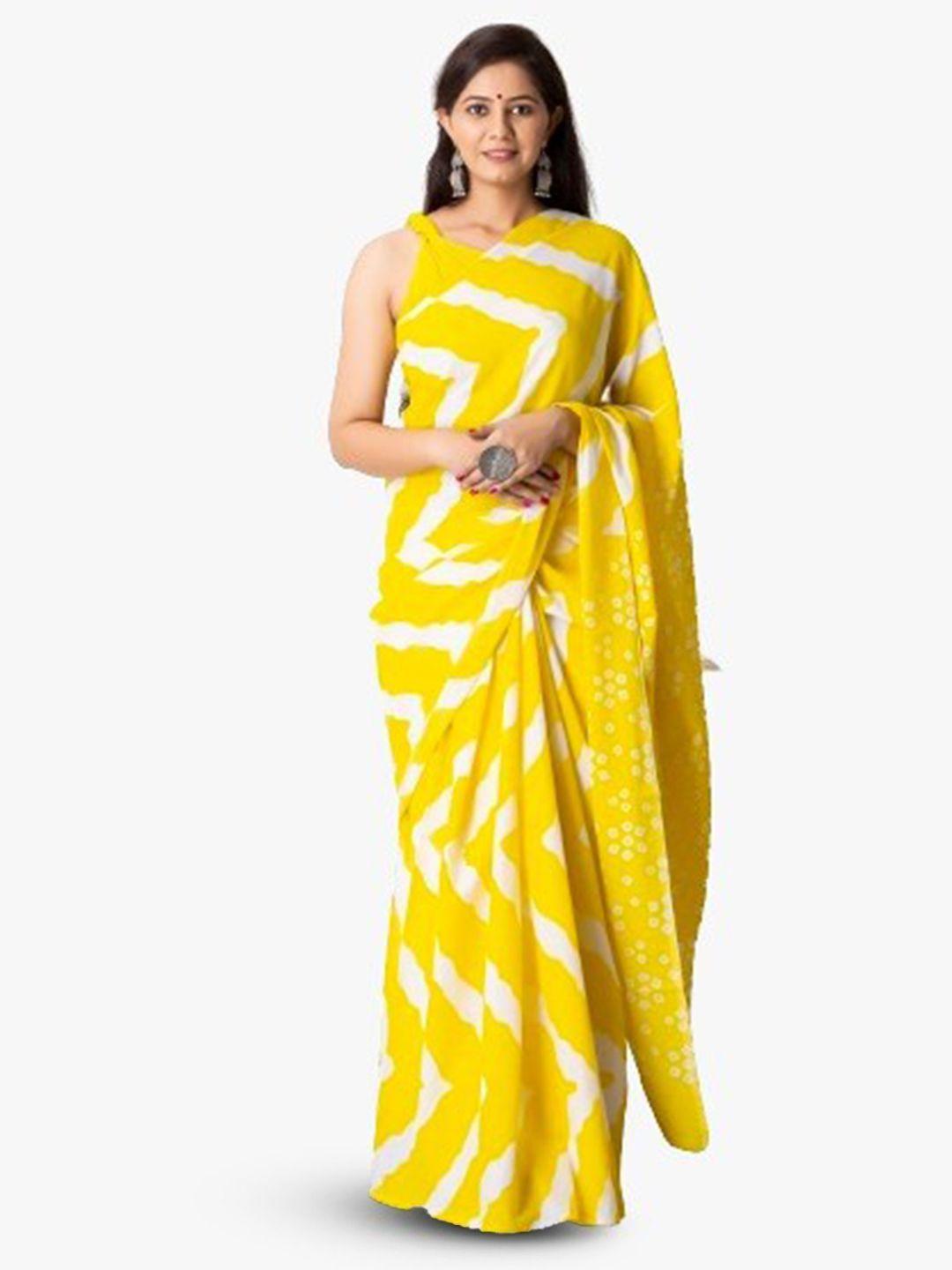 kiaaron yellow & white pure cotton block print saree