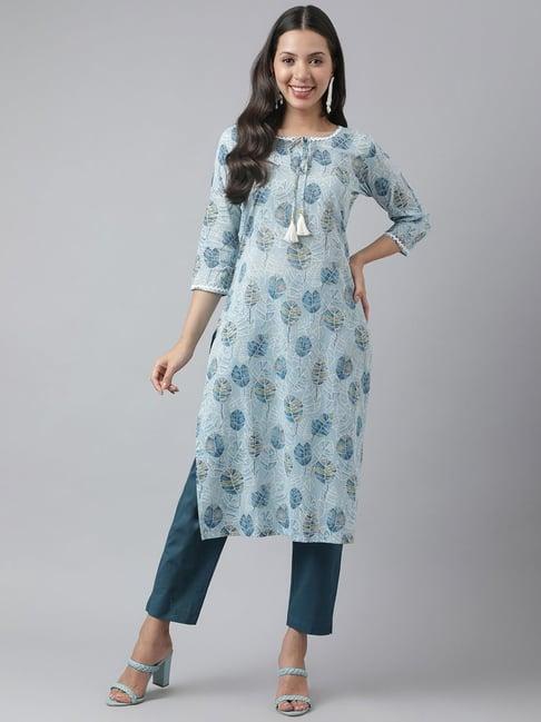 kiana blue cotton printed kurta pant set