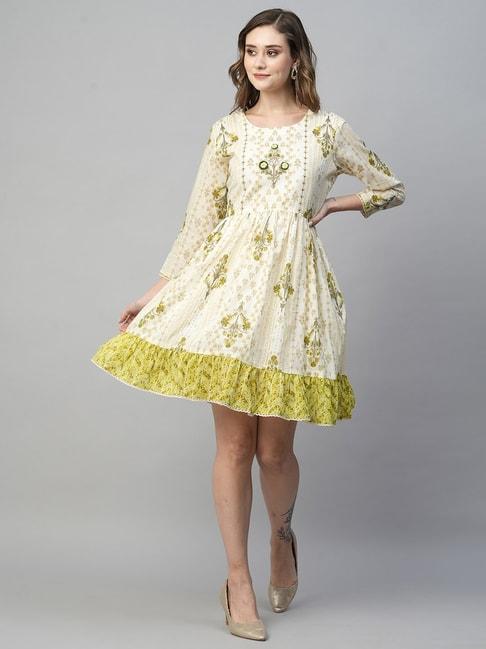 kiana cream cotton printed a-line dress