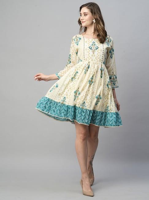 kiana cream cotton printed a-line dress