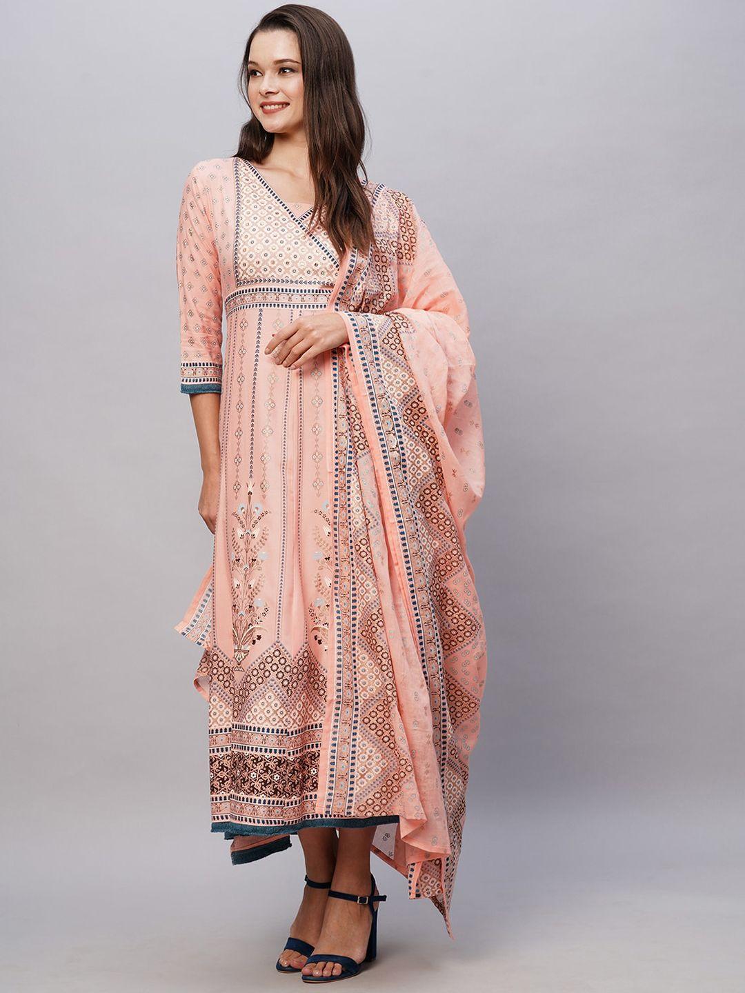 kiana ethnic motif printed maxi fit & flare ethnic dress with dupatta