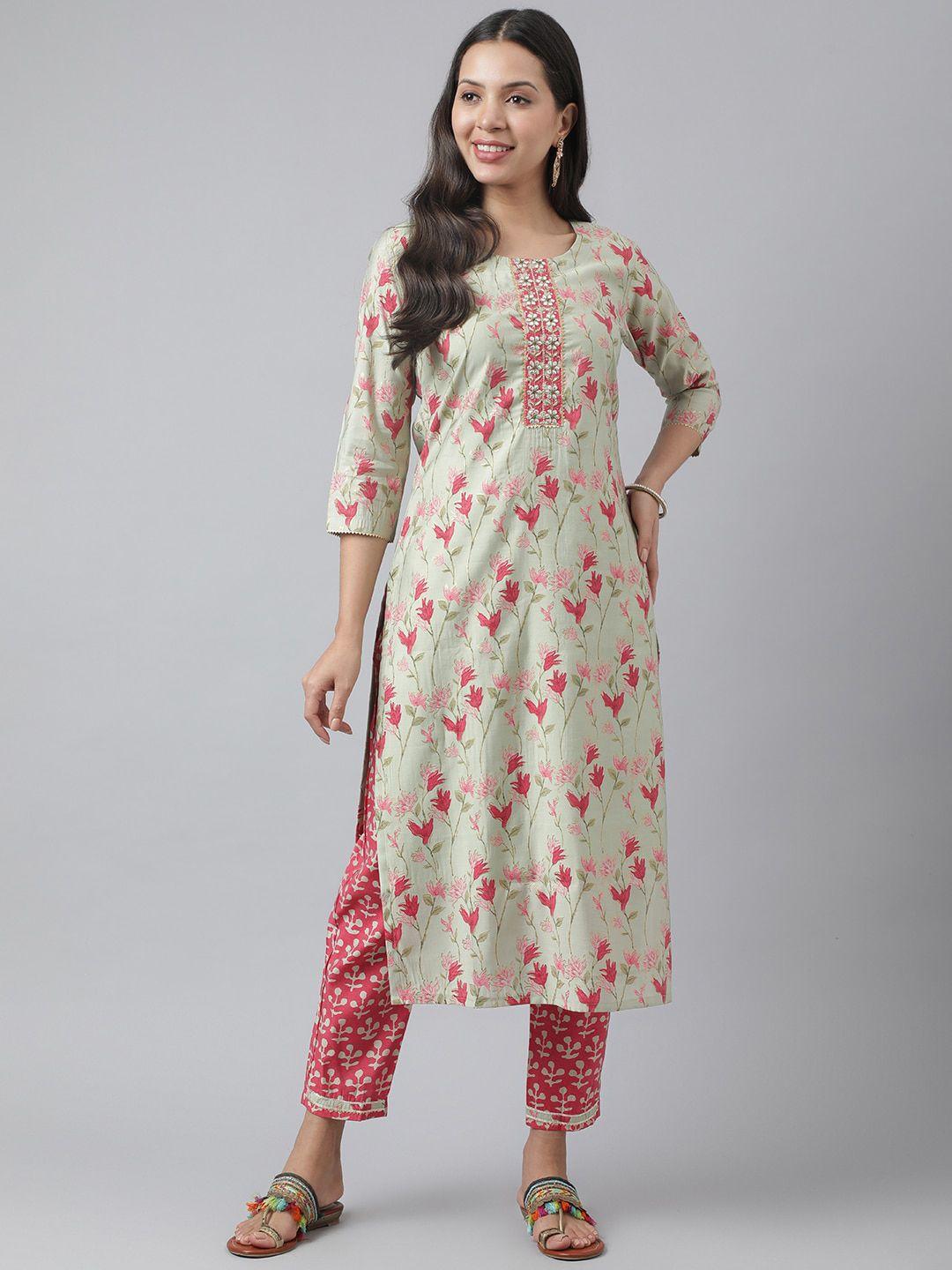 kiana floral printed zari pure cotton kurta with trousers