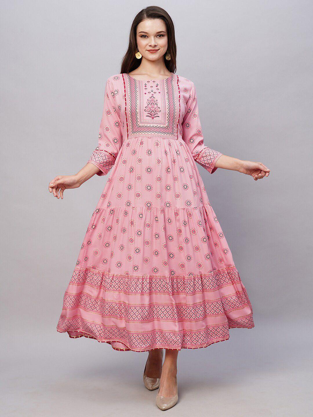 kiana pink ethnic motifs printed round neck embroidered detailed maxi dress