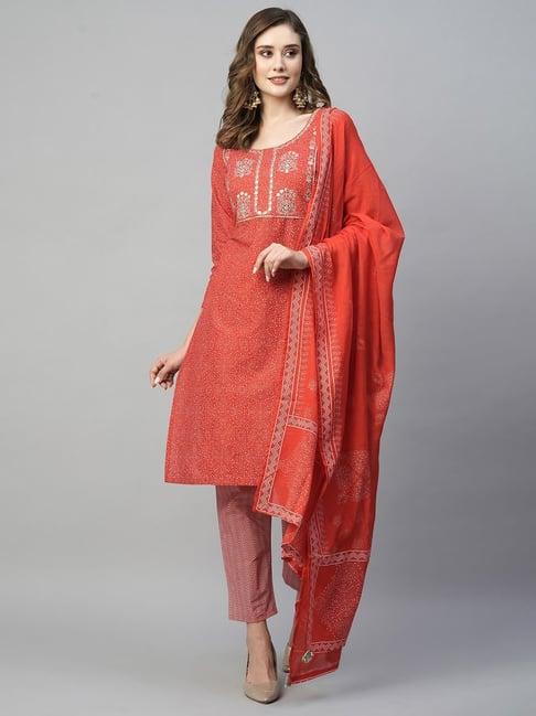 kiana red cotton printed kurta pant set with dupatta
