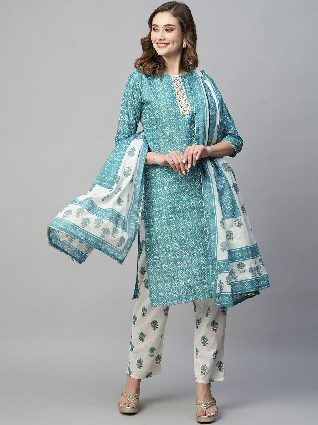 kiana women blue floral printed regular pure cotton kurta with trousers & with dupatta