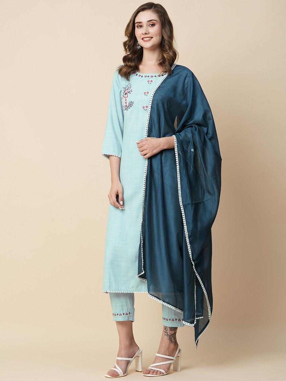 kiana women blue floral yoke design regular thread work kurta with trousers & with dupatta