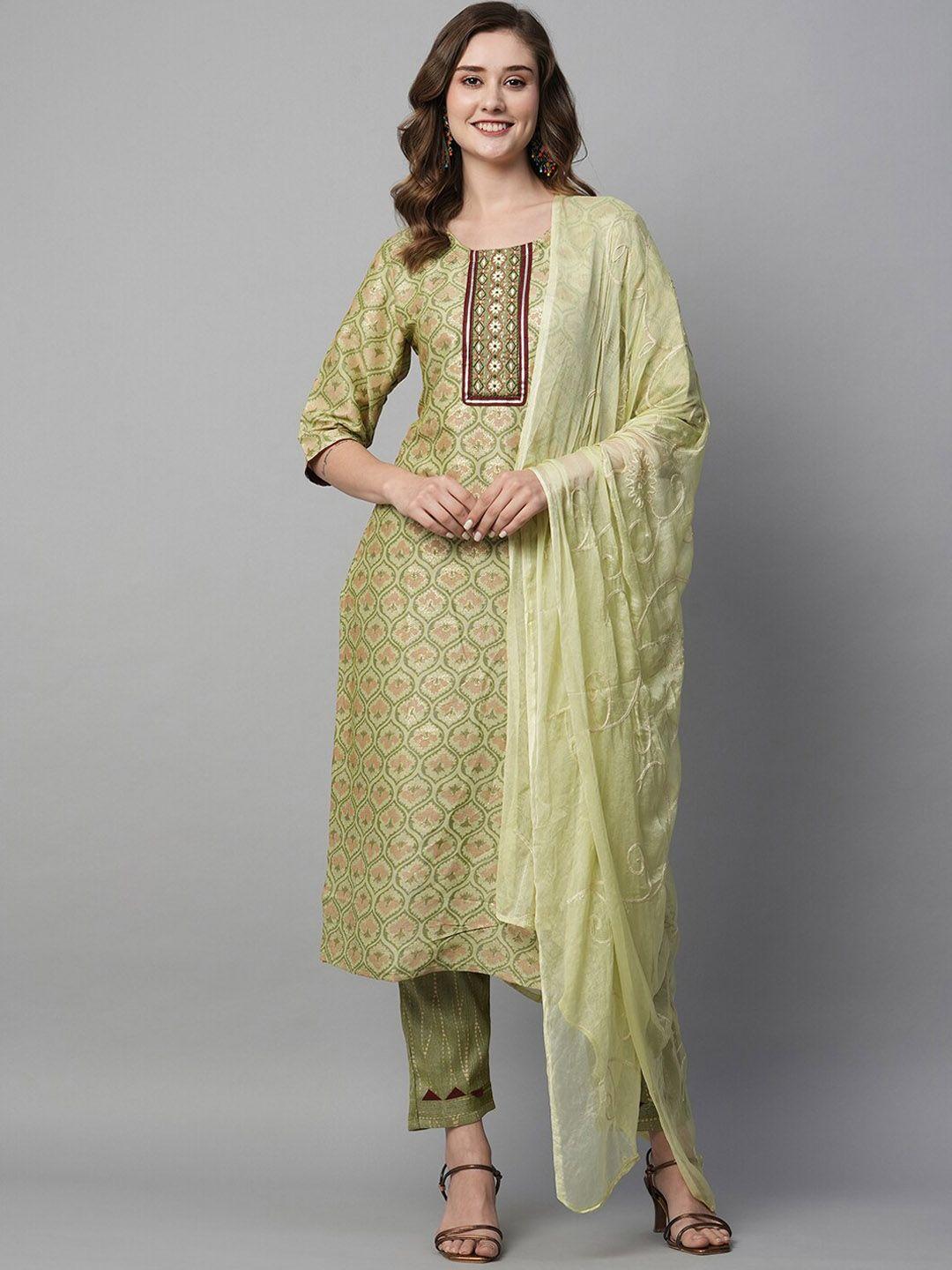 kiana women green ethnic motifs printed regular thread work kurta with trousers & with dupatta