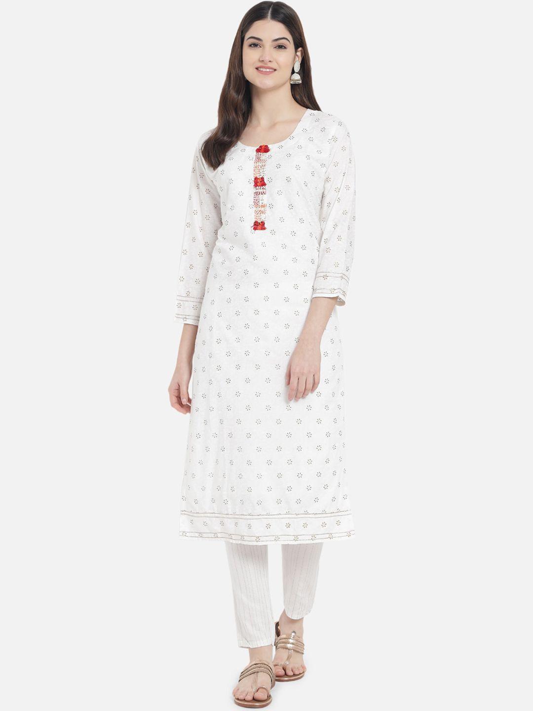 kiana women white floral printed pure cotton kurta with trousers