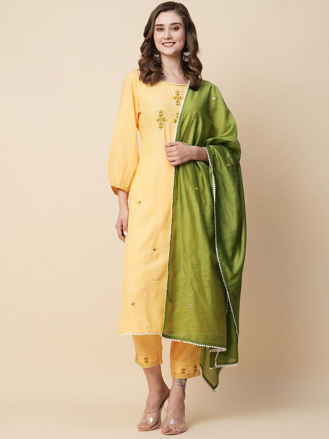 kiana women yellow ethnic motifs embroidered regular thread work kurta with trousers & with dupatta