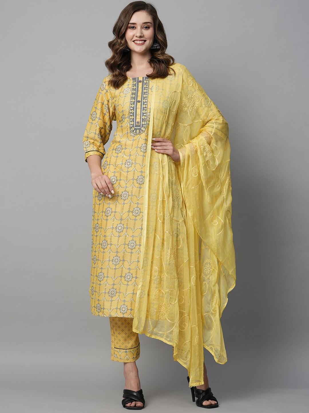 kiana women yellow printed regular kurta with trousers & with dupatta