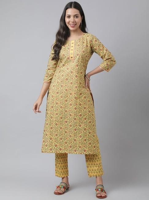 kiana yellow cotton printed kurta pant set