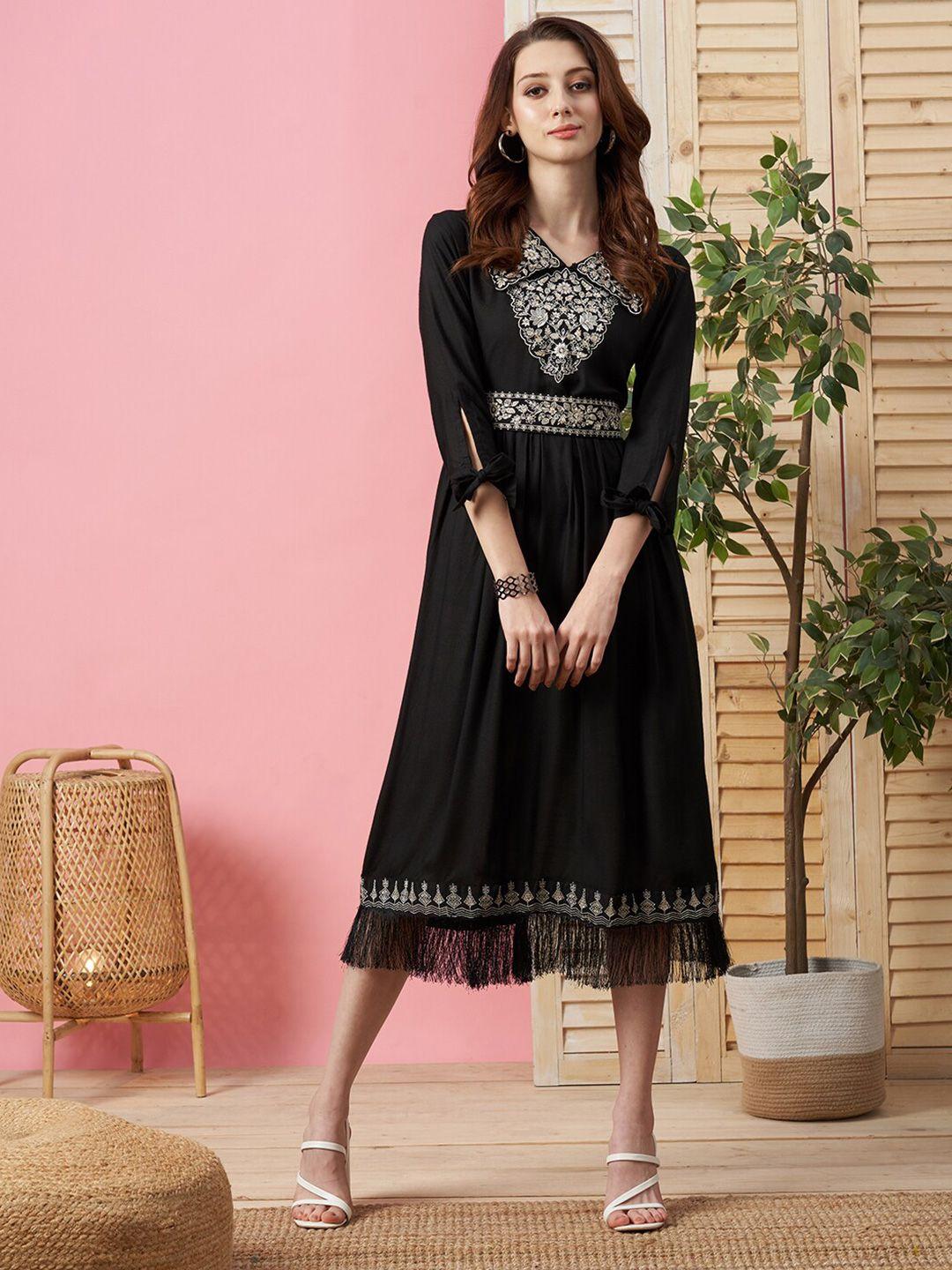 kiana black embroidered fit & flare midi dress
