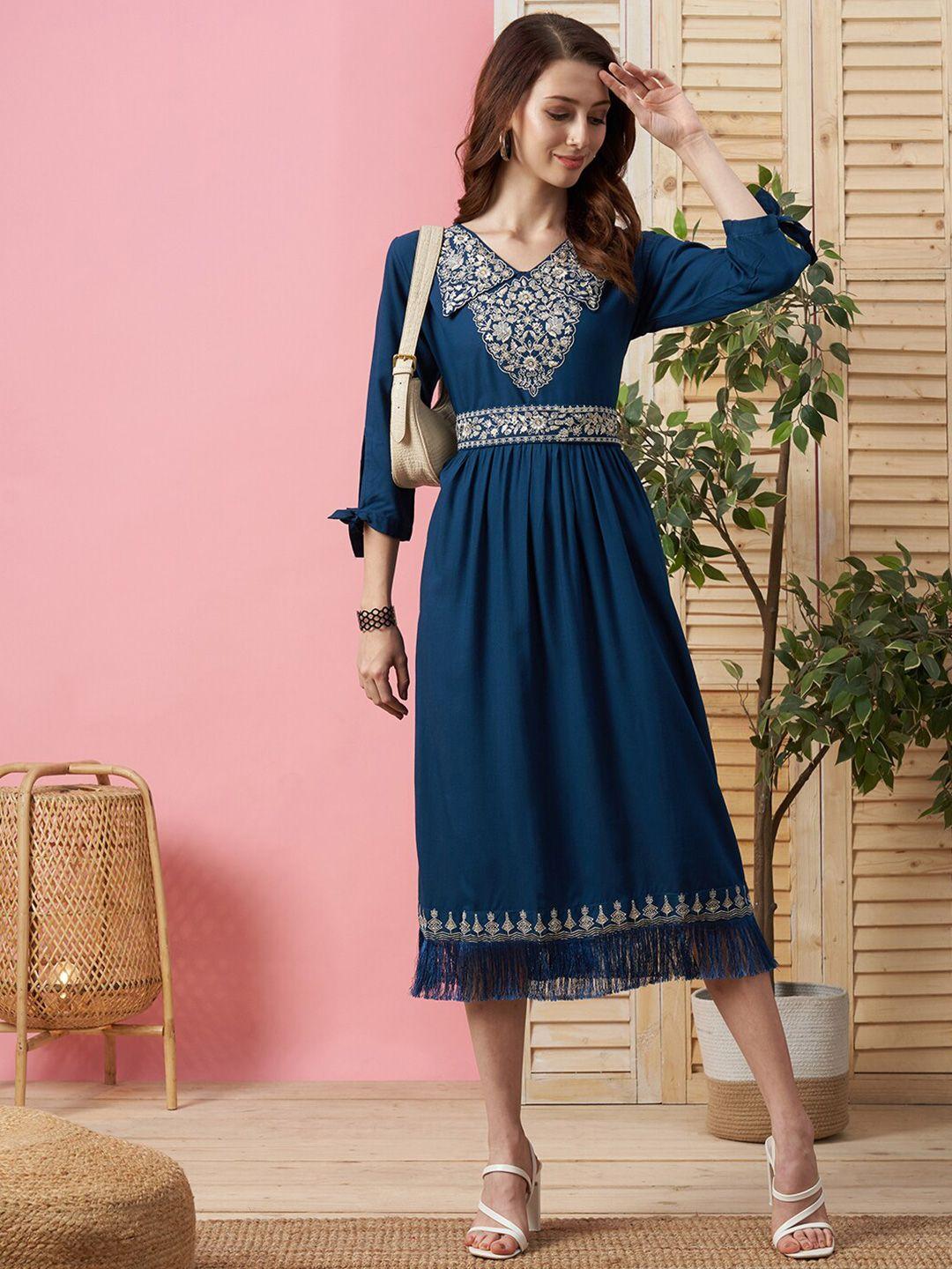 kiana blue embroidered fit & flare midi dress