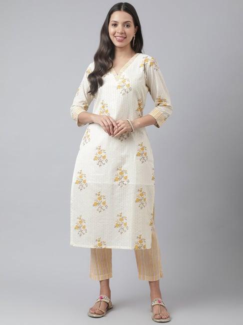 kiana cream & yellow cotton printed kurta pant set