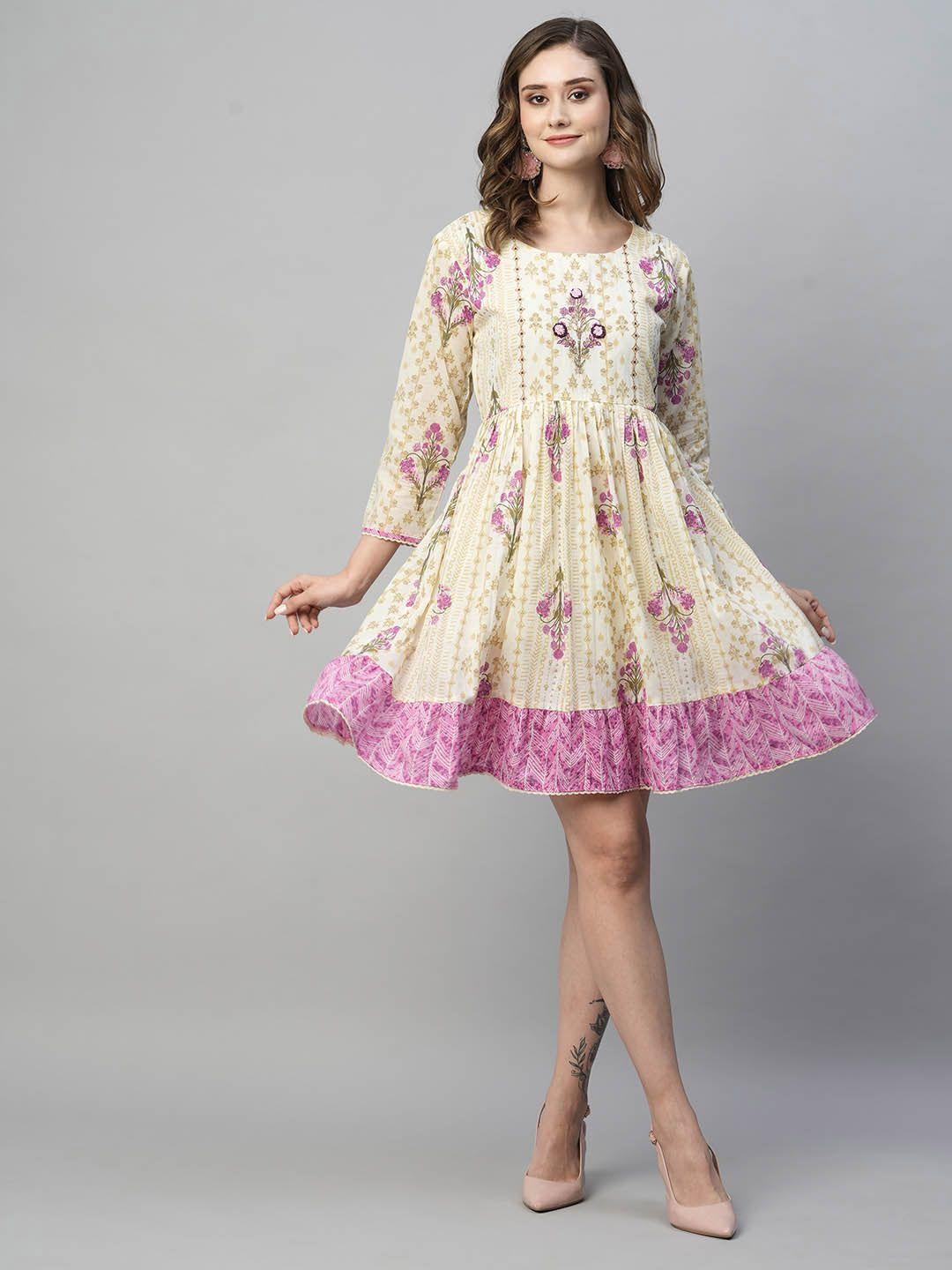 kiana cream-coloured & pink floral print a-line dress