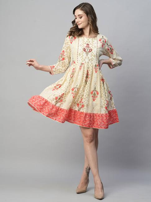 kiana cream cotton printed a-line dress