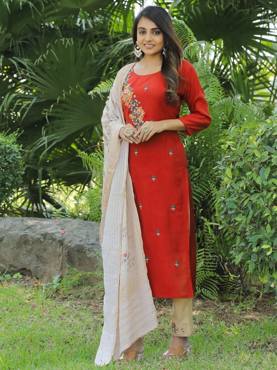 kiana ethni motifs embroidered thread work straight kurta & trousers with dupatta