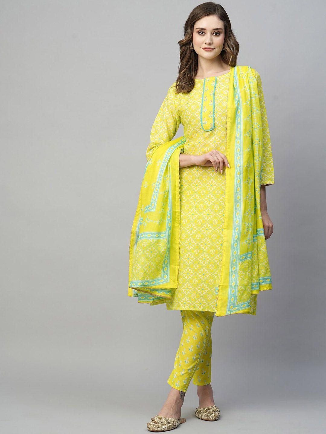 kiana ethnic motifs printed pure cotton straight kurta & trousers with dupatta