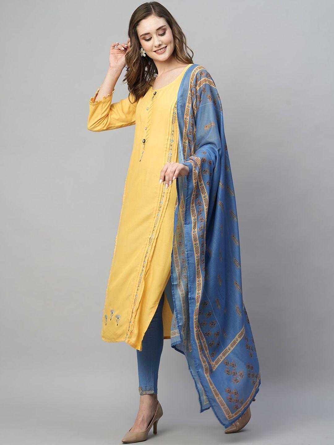 kiana ethnic motifs thread work detail straight kurta with trousers & with dupatta
