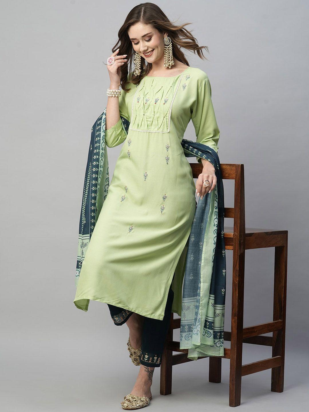 kiana floral embroidered thread work straight kurta with trousers & with dupatta