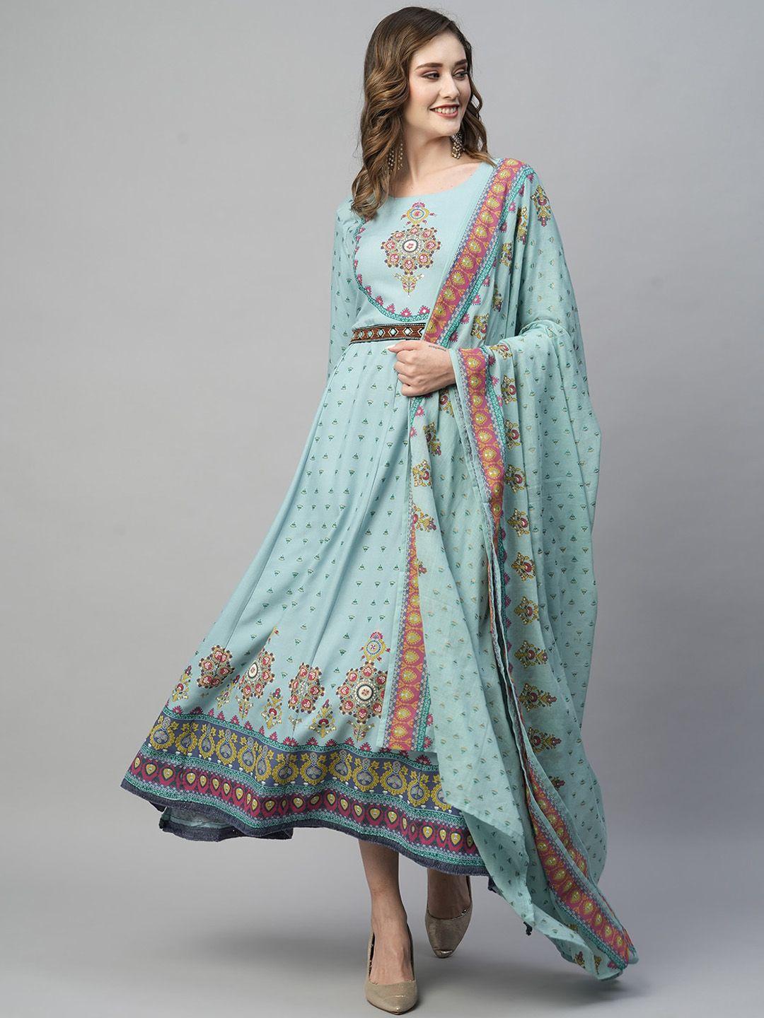 kiana floral printed a-line maxi ethnic dress with dupatta