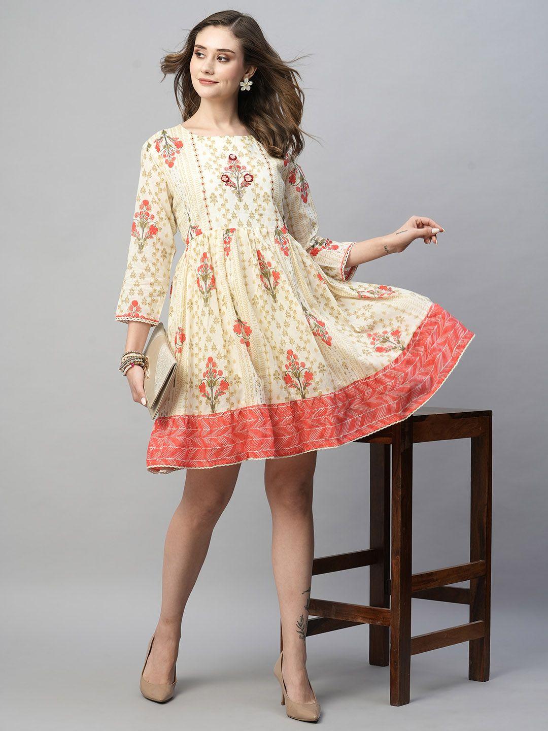 kiana floral printed gathered & pleated cotton fit & flare dress