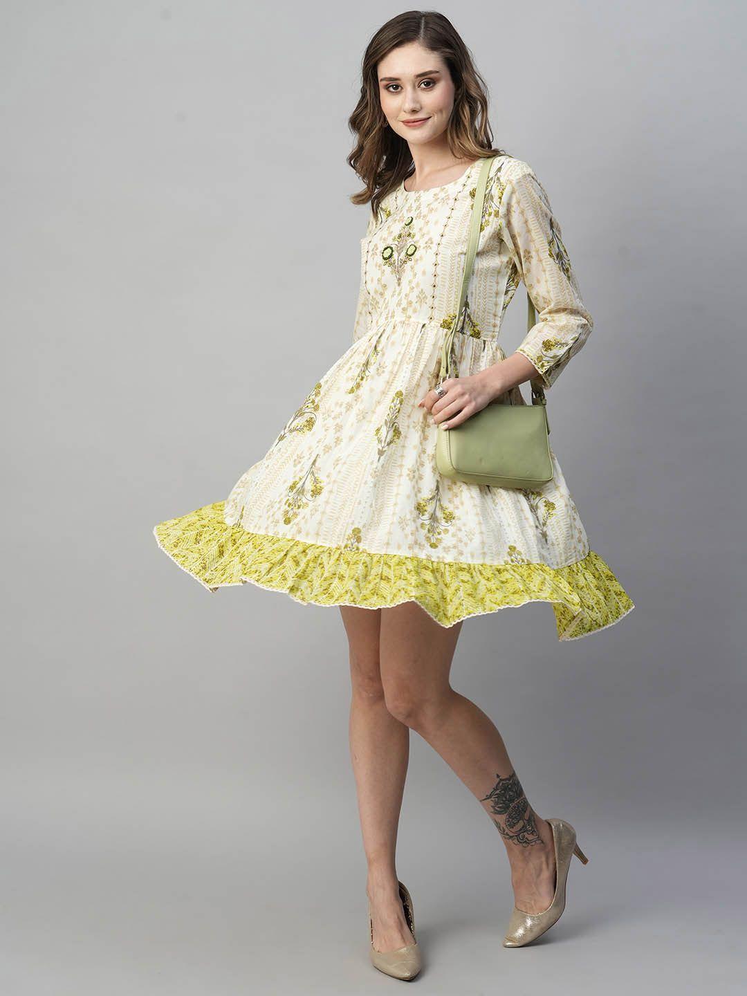 kiana floral printed gathered & pleated cotton fit & flare dress