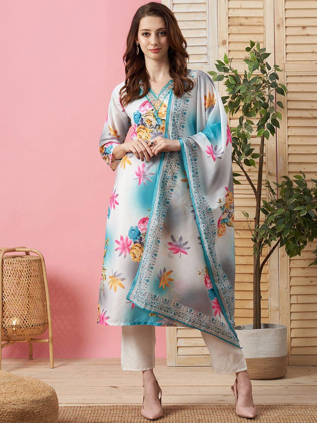 kiana floral printed mirror work v-neck kurta with trouser & with dupatta