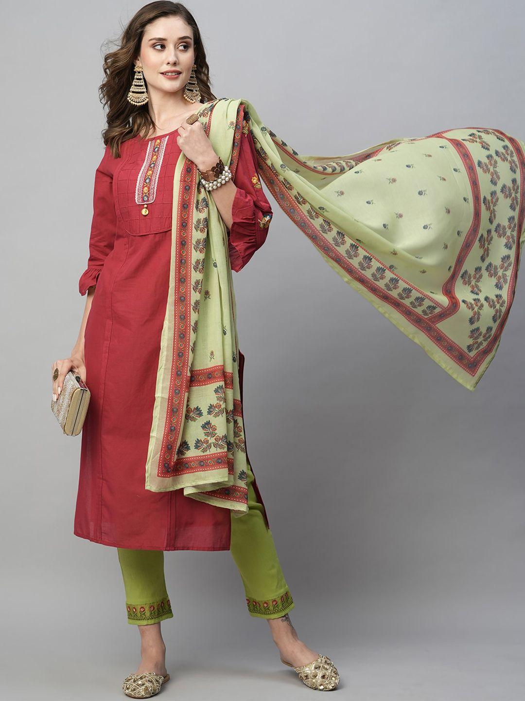 kiana floral thread work detail straight kurta with trousers & with dupatta