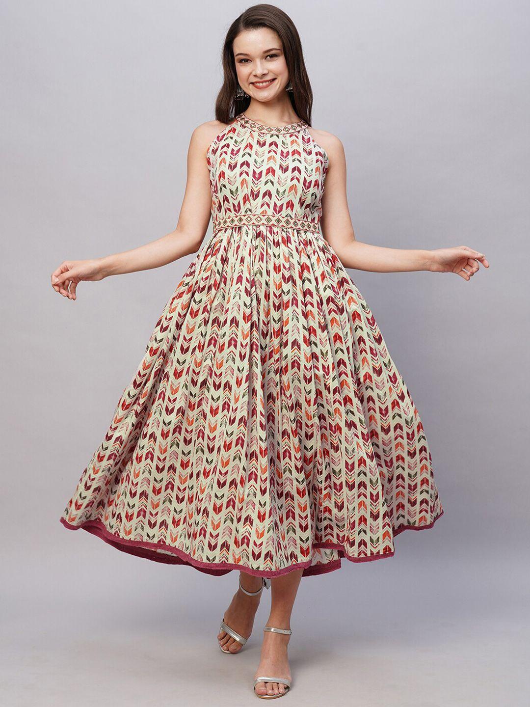 kiana geometric printed halter neck embroidered detailed cotton fit & flare midi dress