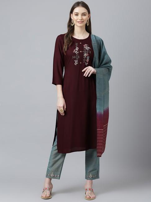 kiana maroon & blue embroidered kurta pant set with dupatta