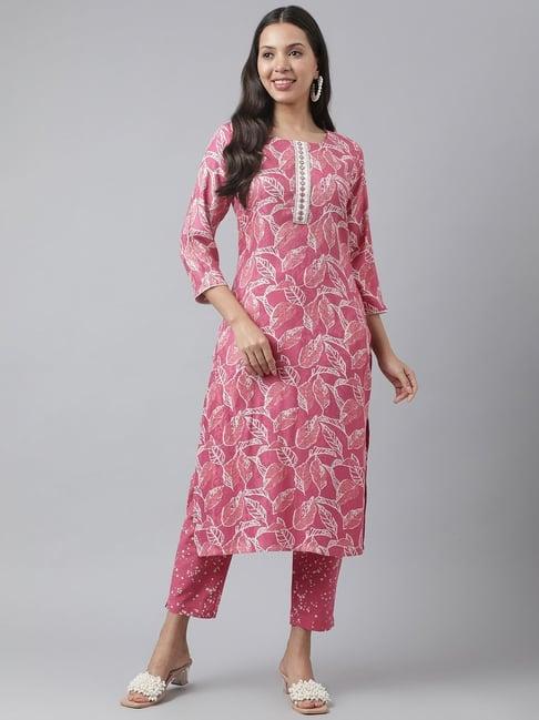 kiana pink cotton printed kurta pant set