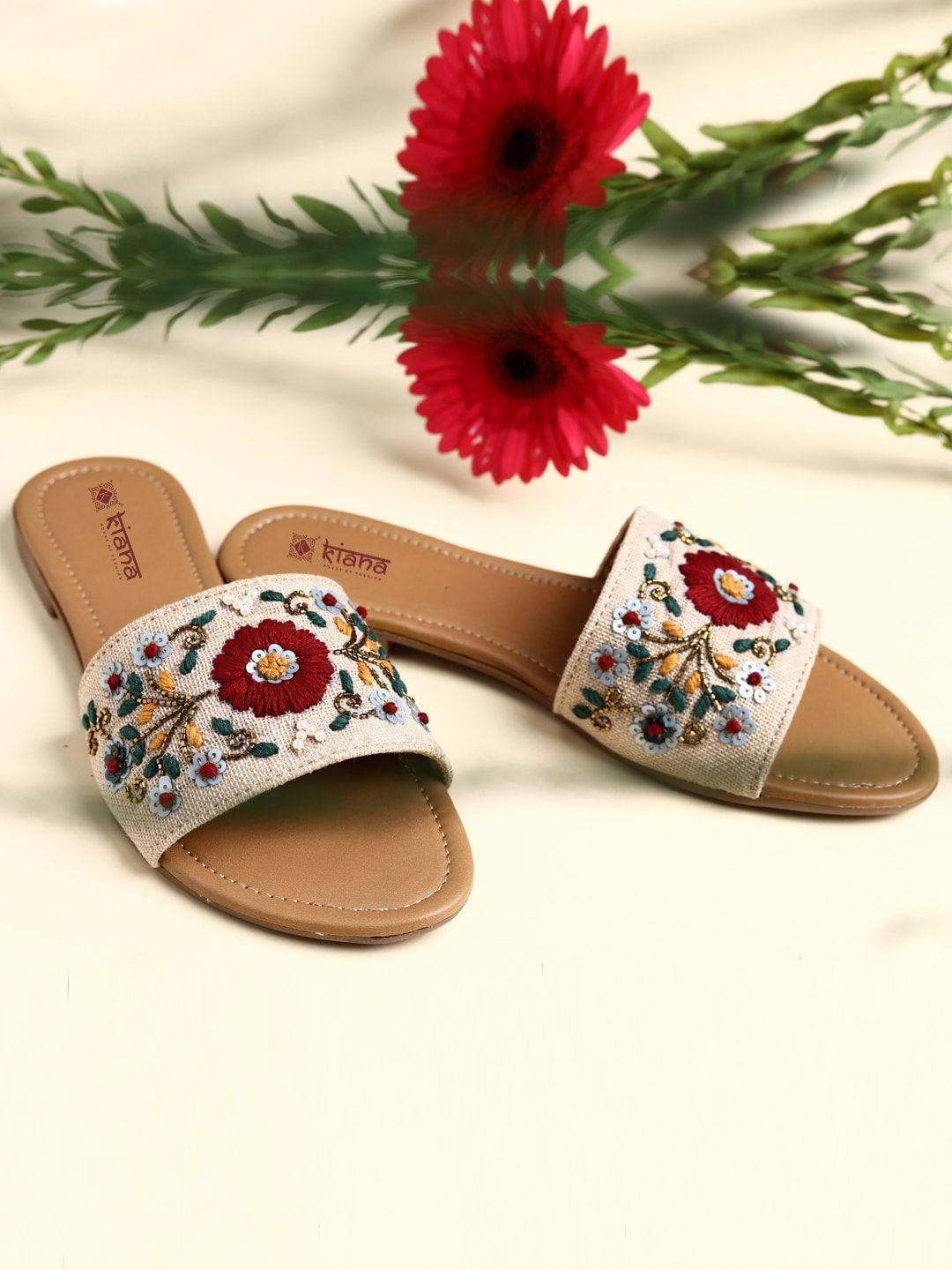 kiana women beige embroidered open toe flats