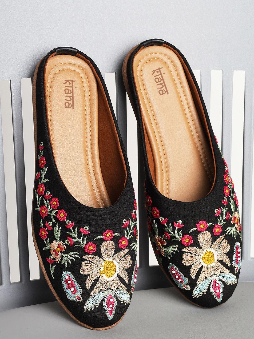 kiana women black floral embroidered mules flats
