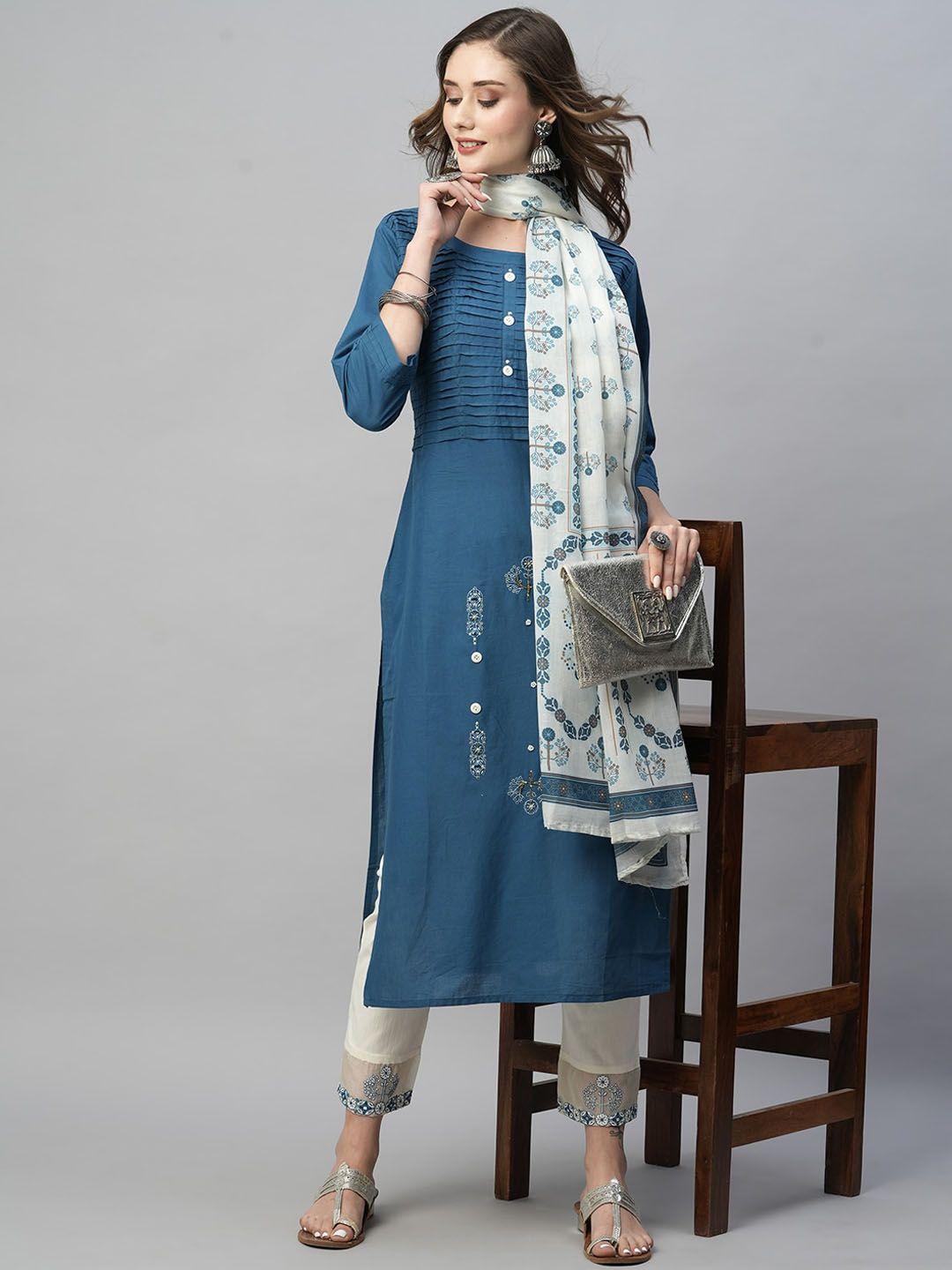 kiana women blue ethnic motifs embroidered regular thread work kurta with trousers & with dupatta