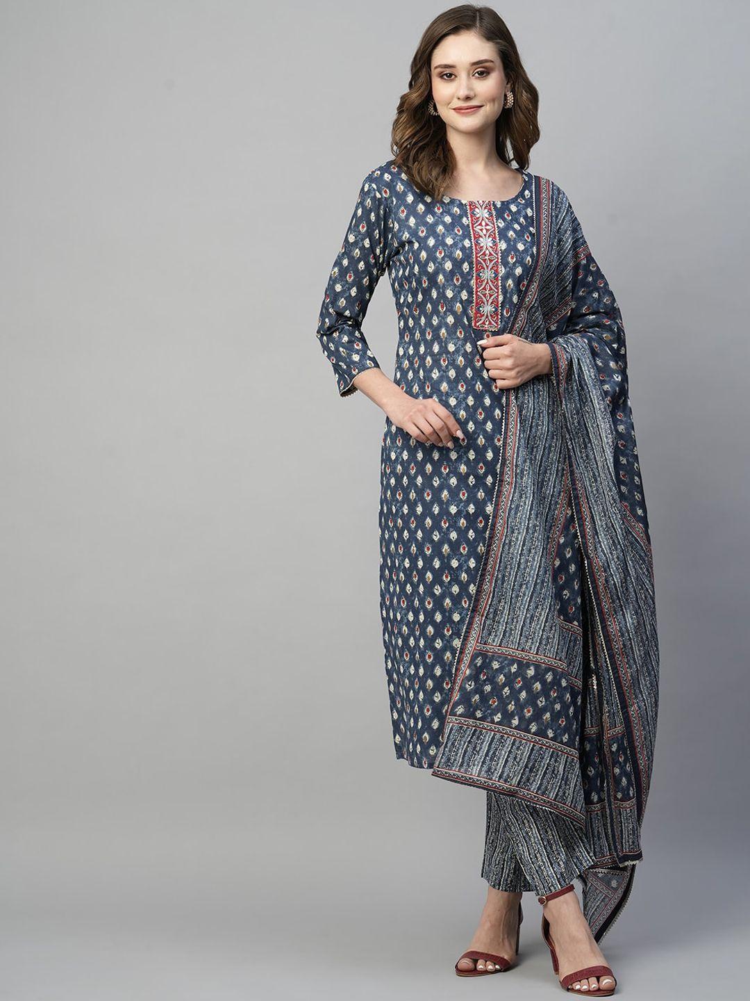 kiana women blue ethnic motifs printed regular gotta patti pure cotton kurta with trousers & with dupatta