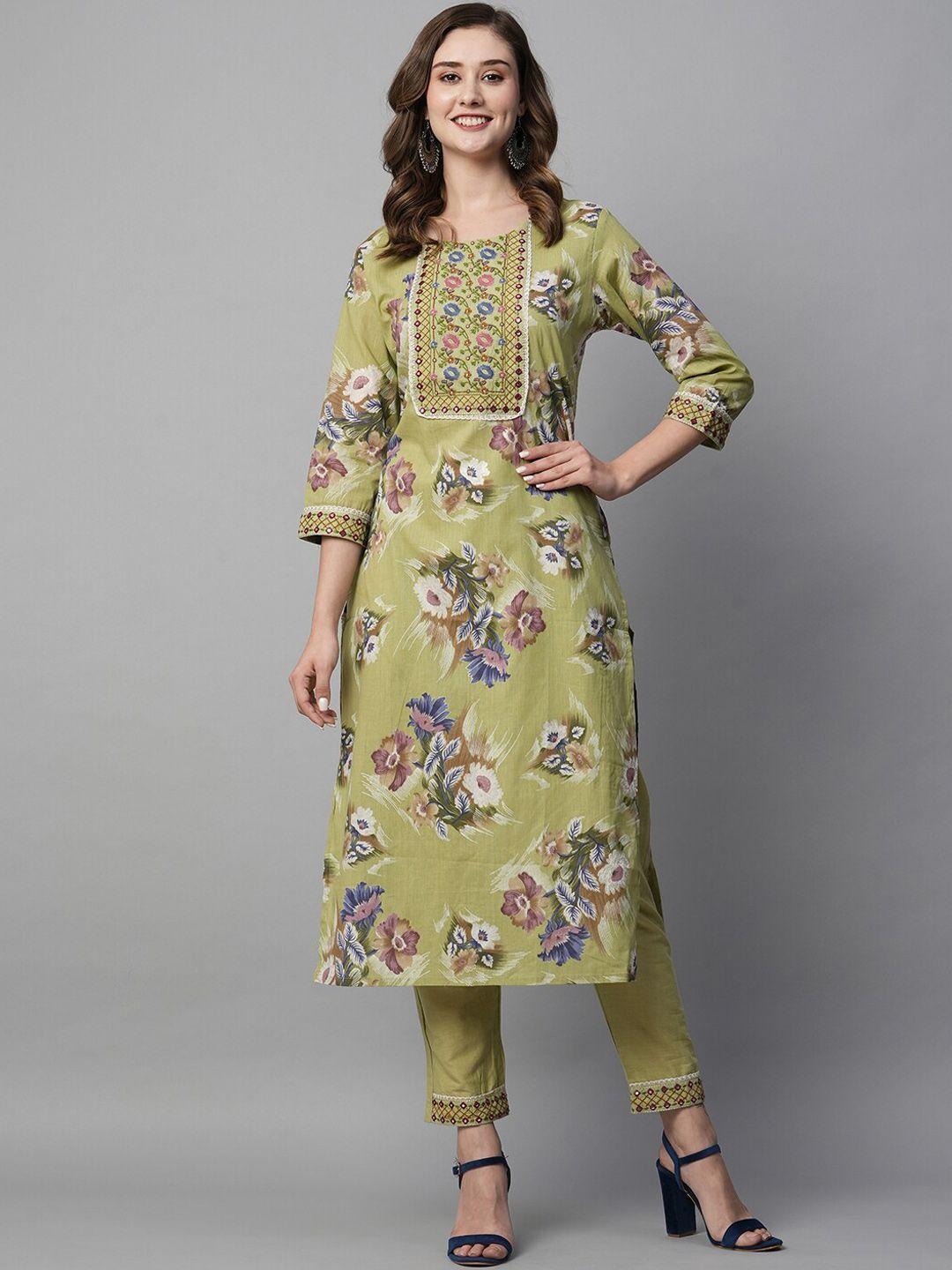 kiana women green floral printed regular thread work pure cotton kurta with trousers
