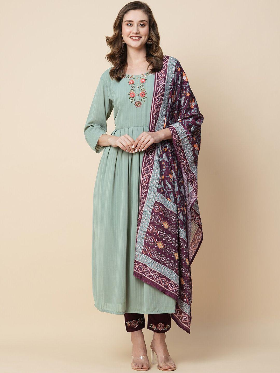 kiana women green floral yoke design empire thread work kurta with trousers & with dupatta
