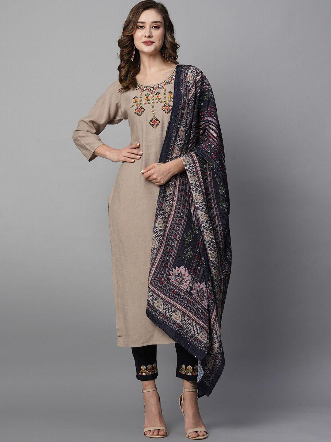 kiana women grey ethnic motifs yoke design regular beads and stones kurta with trousers & with dupatta