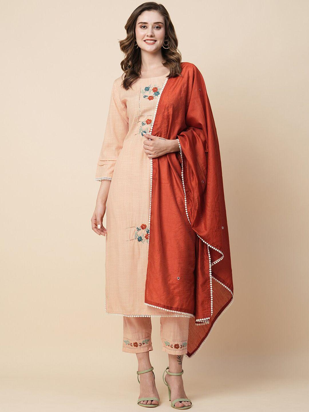 kiana women orange floral embroidered regular thread work kurta with trousers & with dupatta