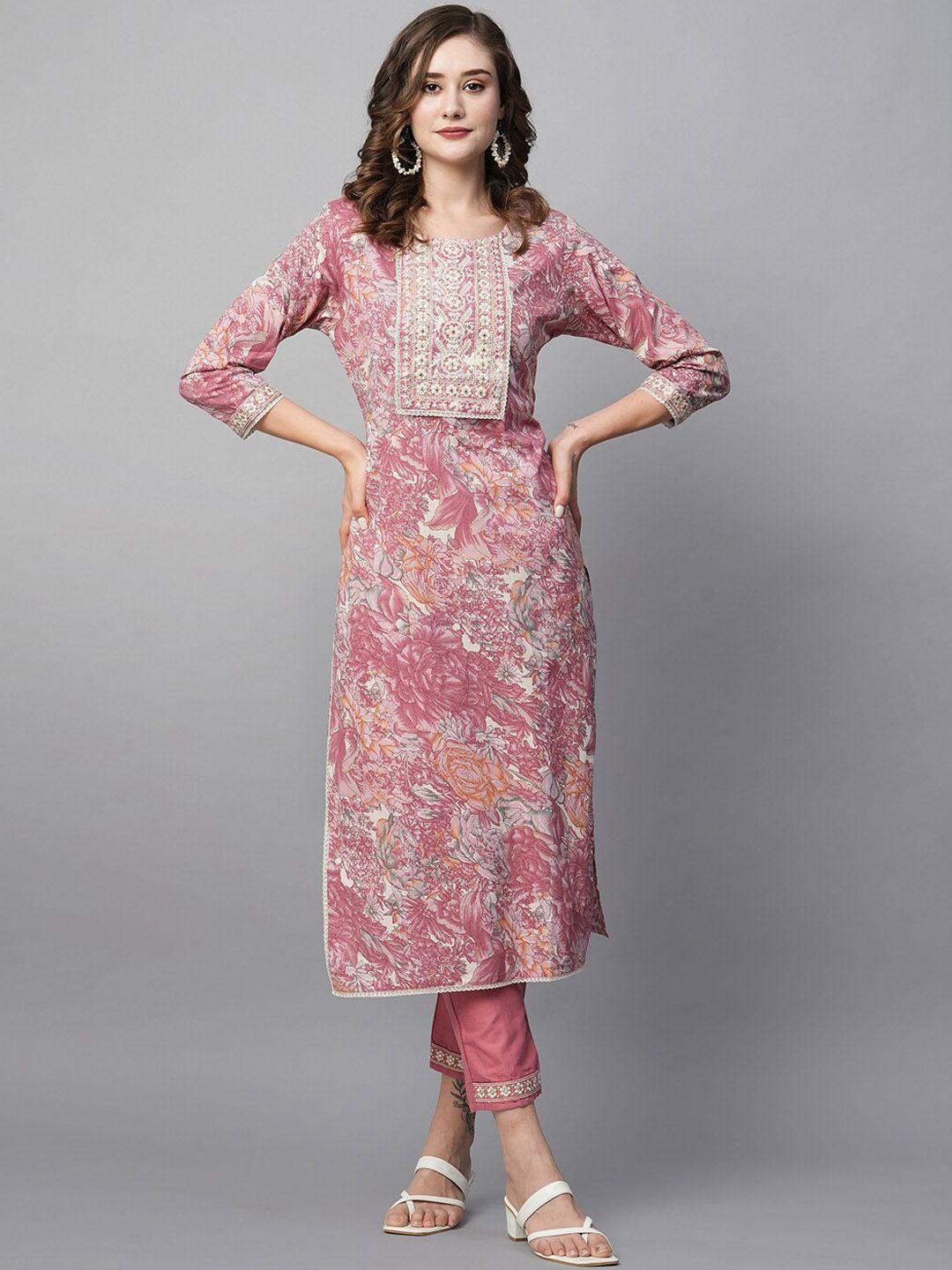 kiana women pink floral printed regular pure cotton kurta with trousers