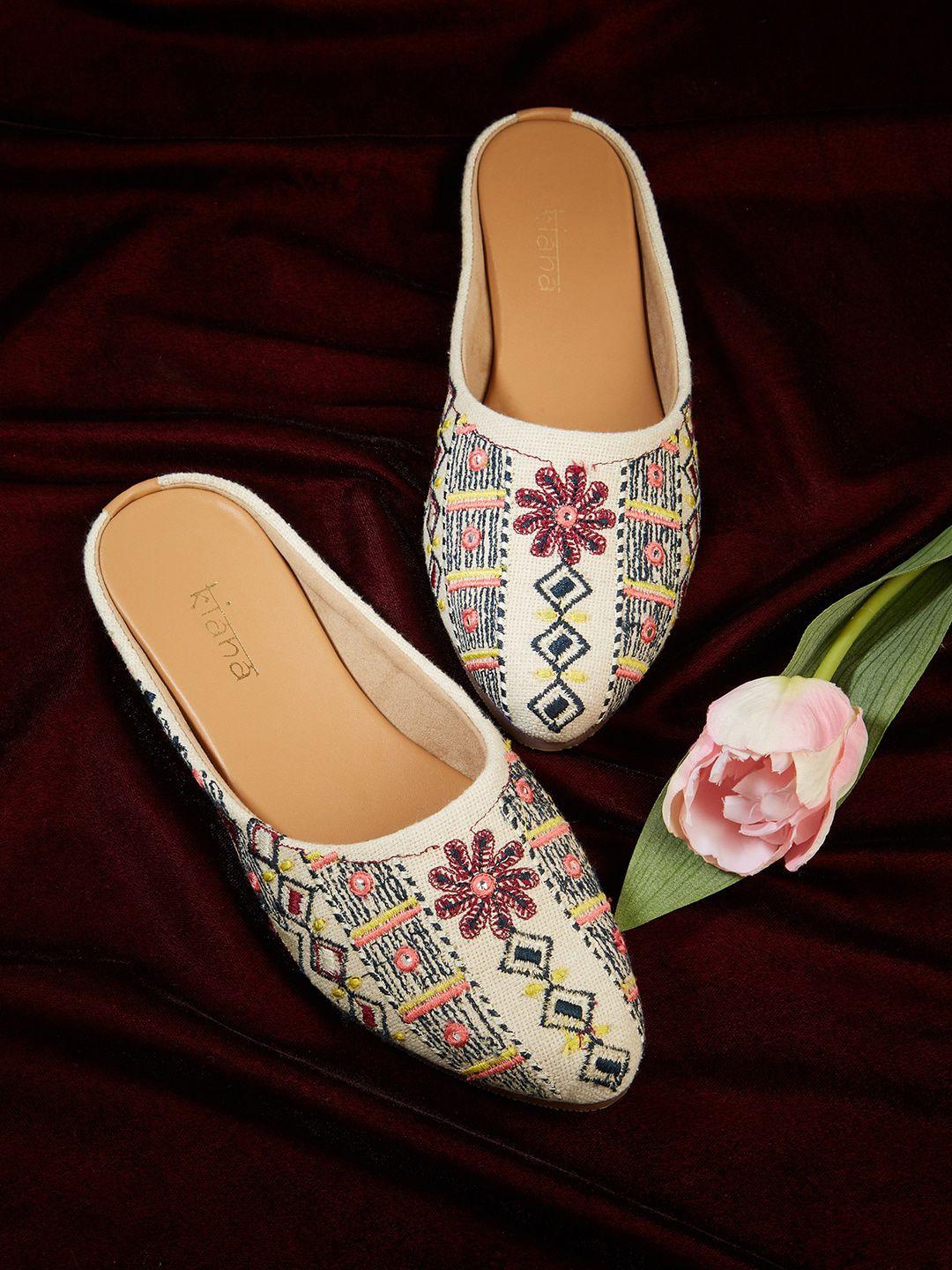 kiana women pointed toe ethnic embellished canvas mules