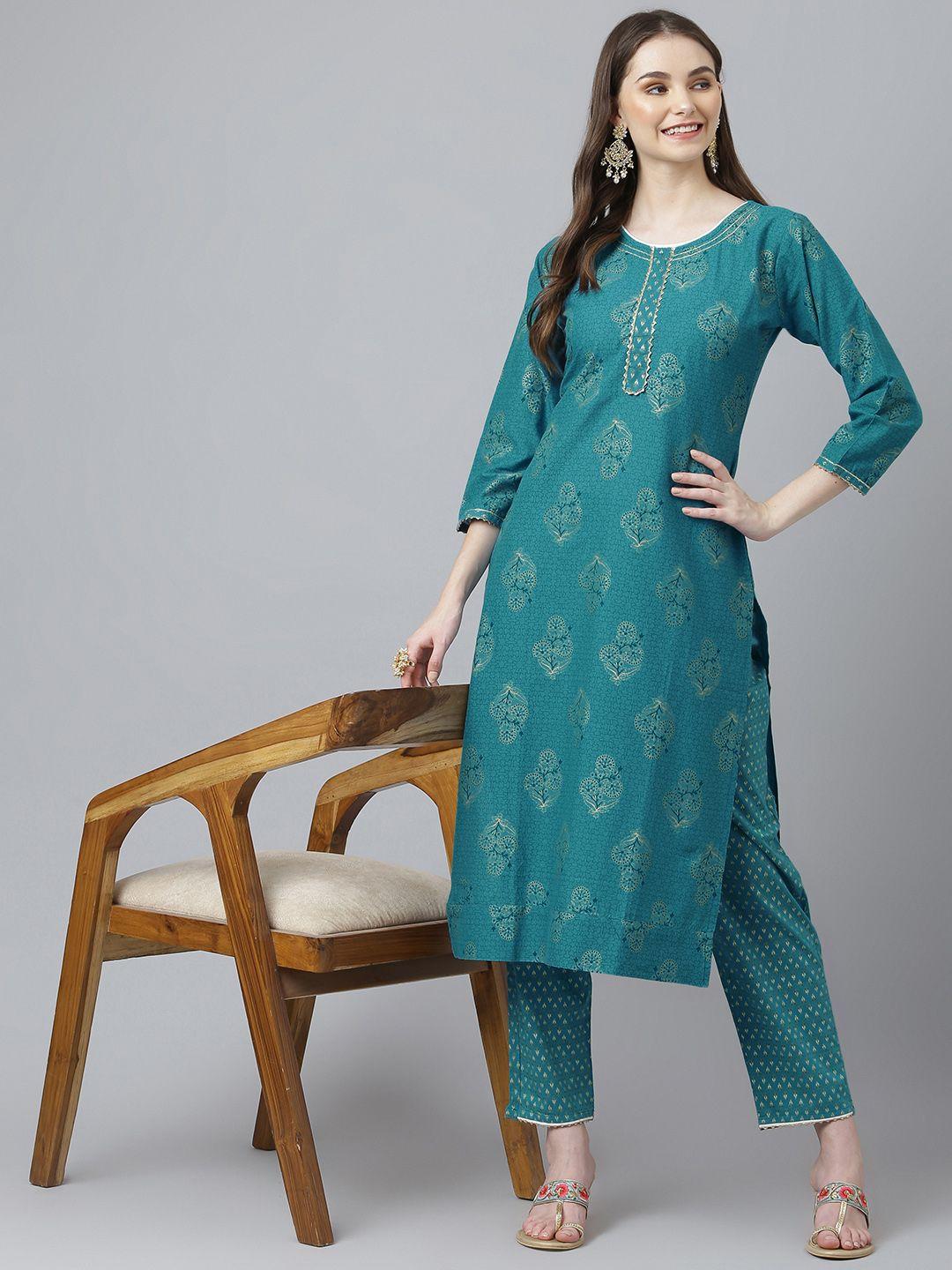 kiana women turquoise blue ethnic motifs printed pure cotton kurta with trousers set