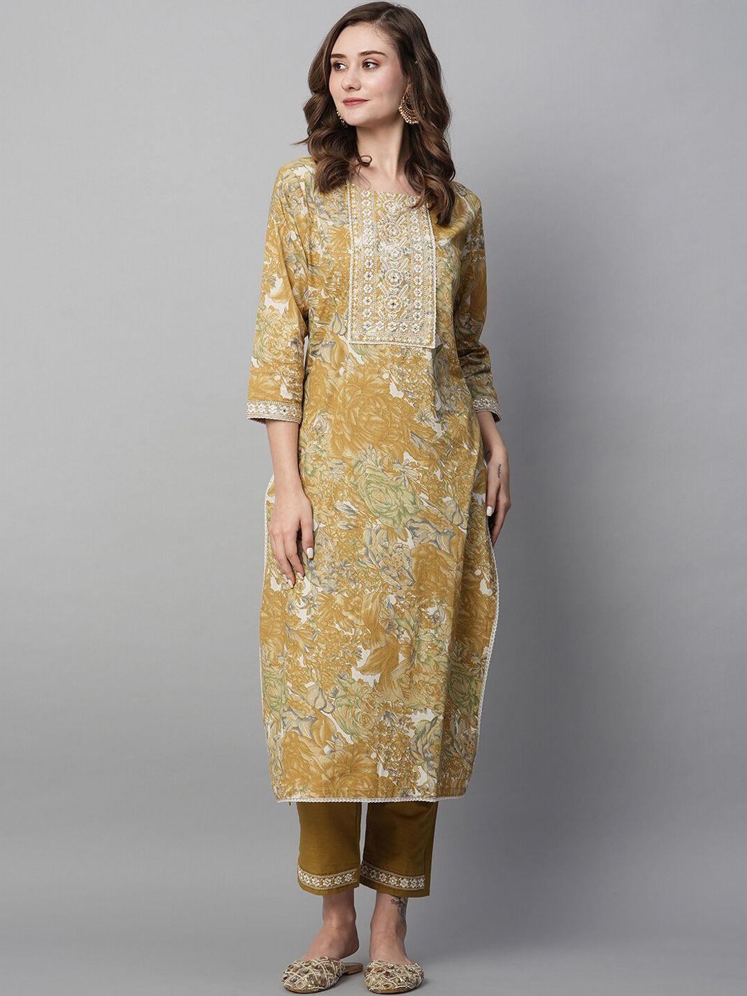 kiana women yellow floral printed regular thread work pure cotton kurta with trousers