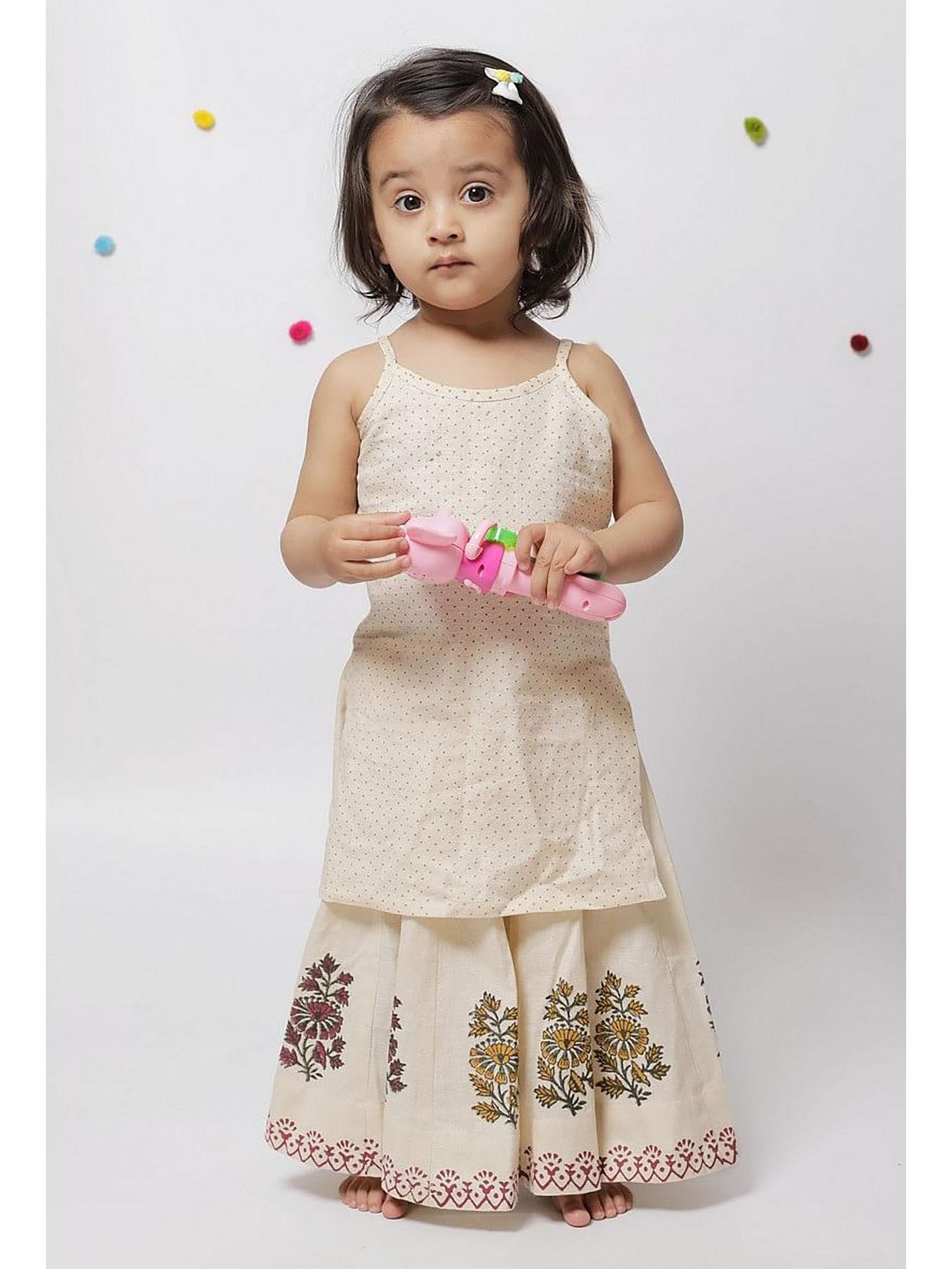 kiara off white polka dot handblock strap slip & floral kalidar skirt (set of 2)