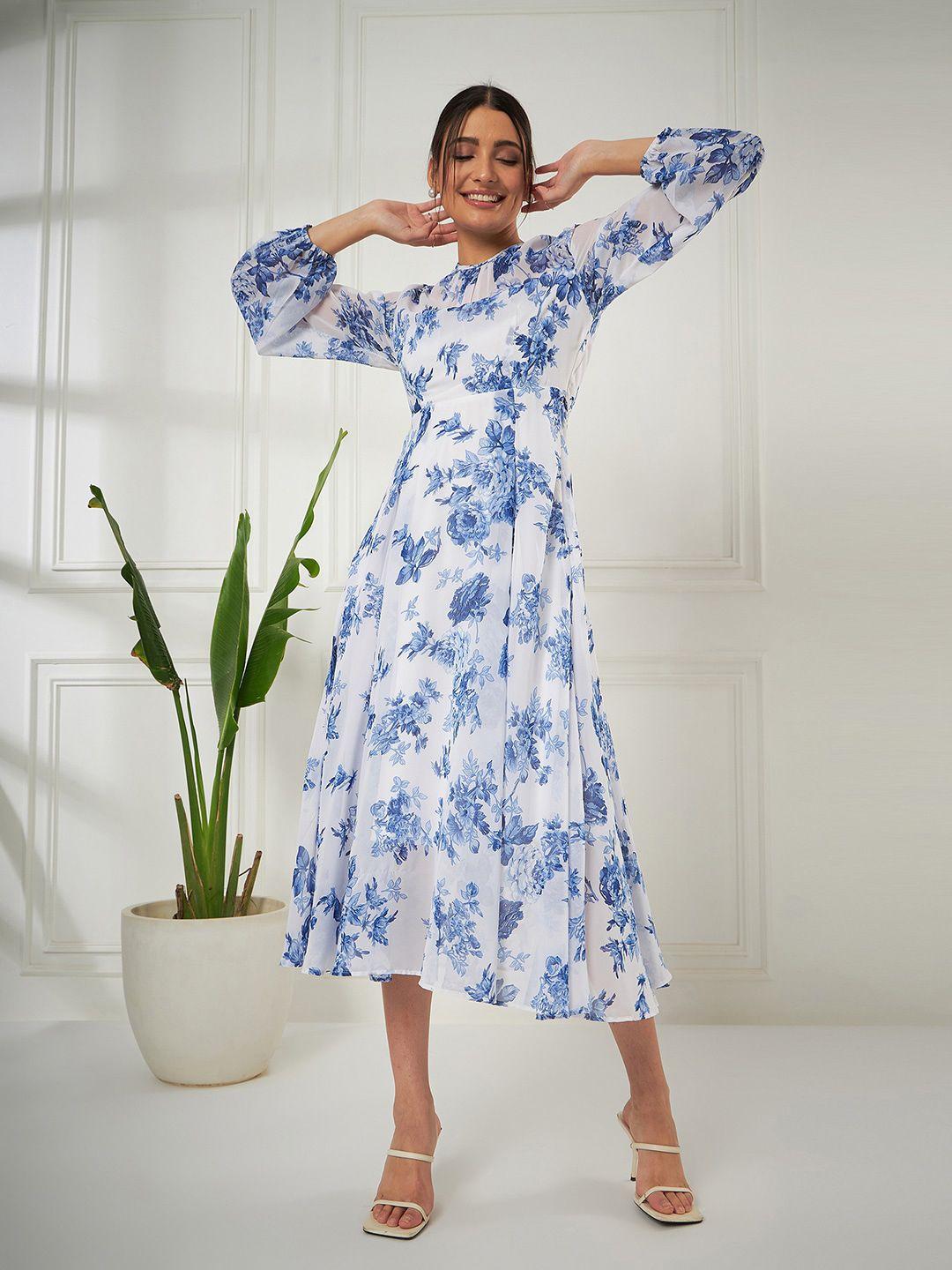 kibo blue floral printed round neck puff sleeve fit & flare midi dress