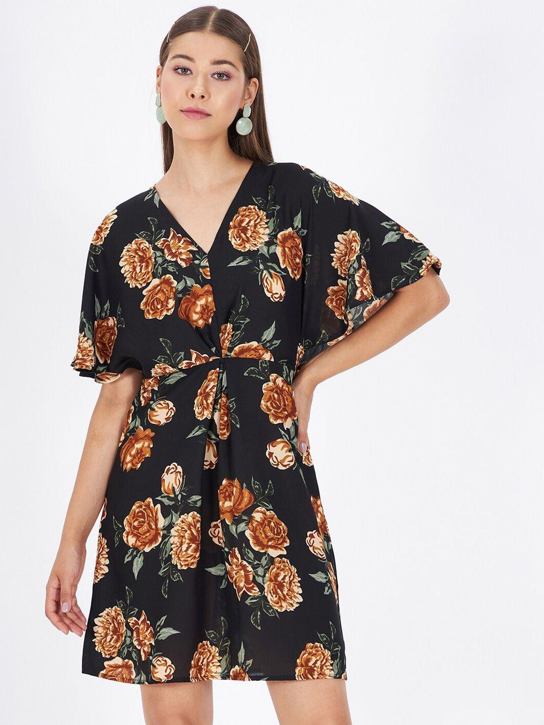 kibo black floral printed fit & flare crepe dress