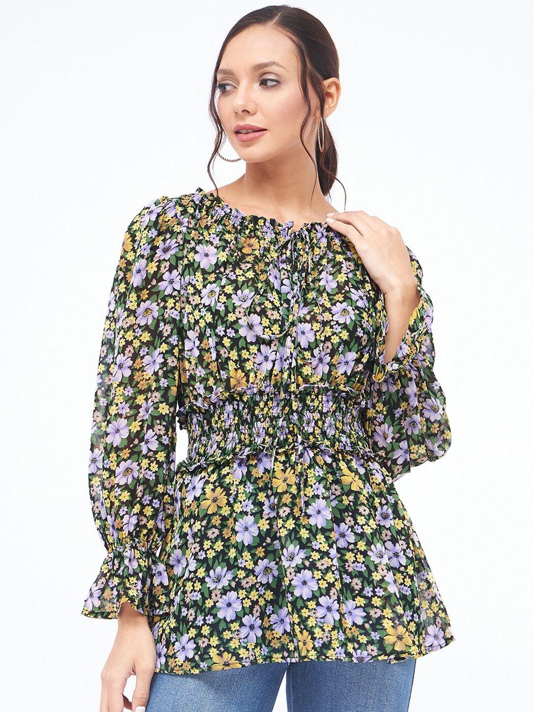 kibo black floral printed tie-up neck puff sleeves georgette longline peplum top